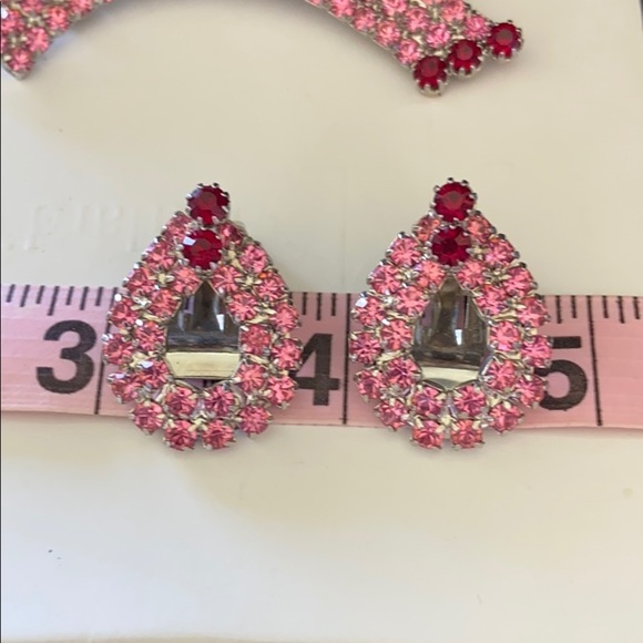 Vintage Retro Chic Brilliant Pink & Red Rhinestone Rainbow Brooch & Earring Set - Picture 7 of 14